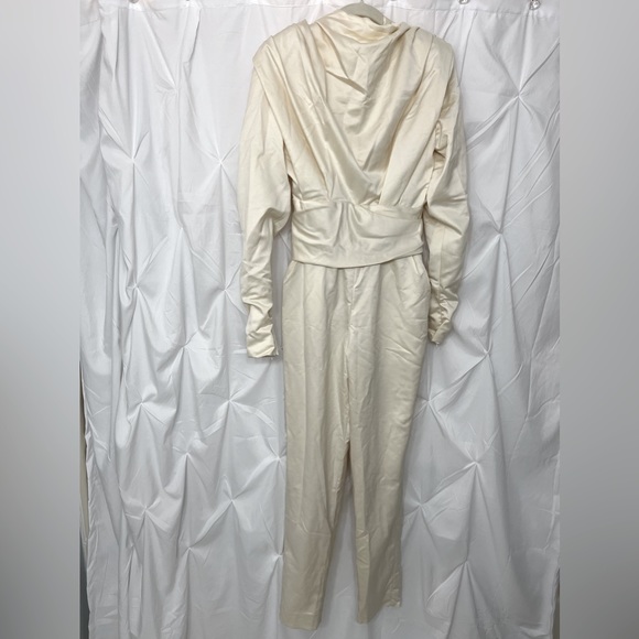 House of CB Gabrielle Ivory Draped Ruched Satin Jumpsuit - Picture 9 of 12